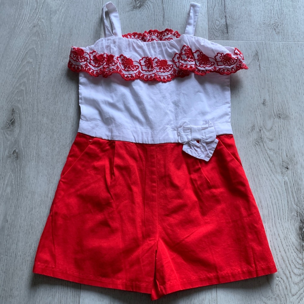 NWT Janie and Jack Girls Red White Ruffle Embroidered Romper Jumpsuit Size 6